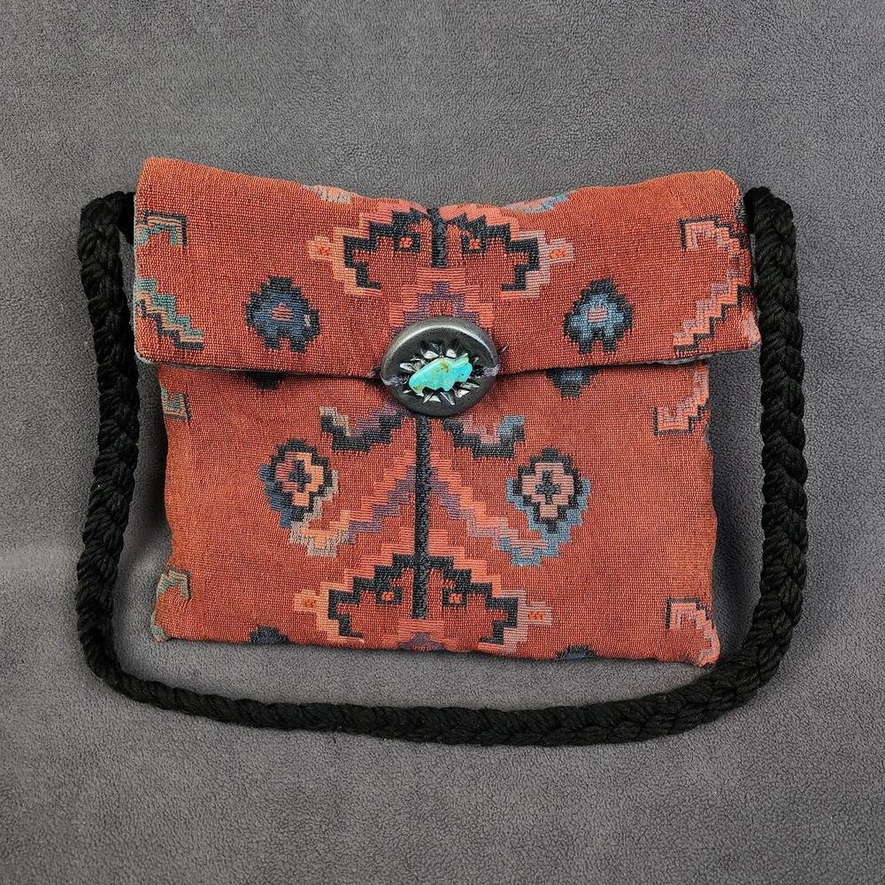 Southwestern Woven Shoulder Bag Womens Rust Geometric Turquoise Bear Button